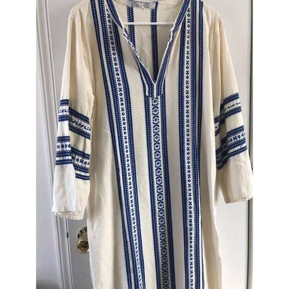 Vtg 1970's Maxi Kaftan Dress ALEX CONDARINIS Blue White Vertical Striped - Picture 10 of 10